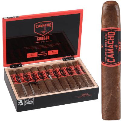 Camacho Corojo Bxp Cigar Gordo 20 Ct. Box, image of an open box containing 20 cigars with red and black packaging and a single cigar standing upright showing the label.
