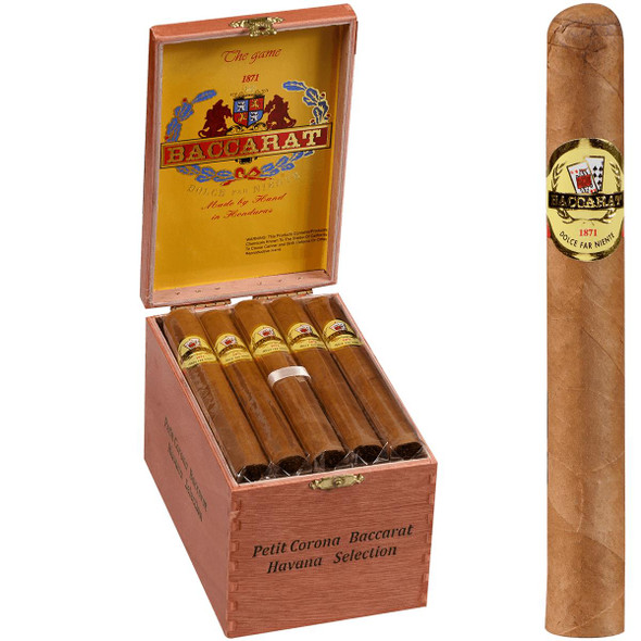 Baccarat Cigars Petit Corona Natural 25 Ct. Box 5.50X42, a wooden box containing five cigars with a close-up of one cigar showing its band, and the inside lid of the box displaying the Baccarat logo and branding.