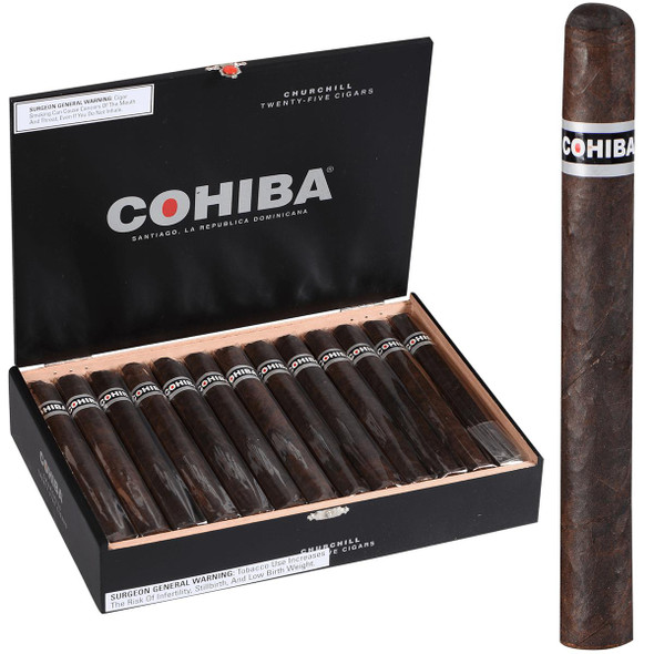 Cohiba Cigars Black Churchill 25 Ct. Box, open black box with cigars inside and one cigar outside on green background.
