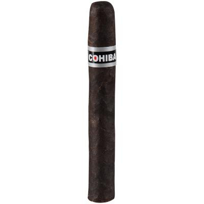 Cohiba Cigars Black Pequenos 5/6 Tins 4.13X34, close-up of a single dark cigar with a white band featuring the COHIBA logo.