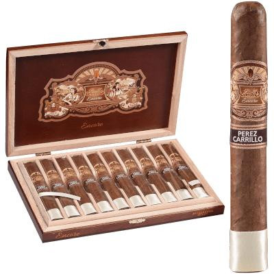 E.P Carrillo Cigars EP Carrillo Encore Celestial Cigars 10 Ct. Box, a wooden cigar box containing ten cigars with detailed bands, and one individual cigar with a decorative band and wrapper.