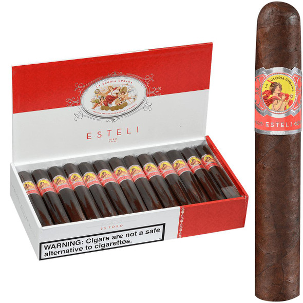 La Gloria Cubana Cigars Esteli Toro 25 Count Box, featuring 5.50x54 cigars with a dark brown wrapper, and a close-up of one cigar showing the detailed label.