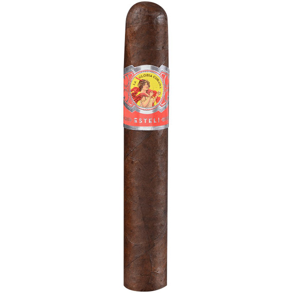 La Gloria Cubana Cigars Esteli Toro 25 Ct Box 5.50x54, closing cigar with dark brown wrapper and colorful band featuring a woman reading, ideal for cigar enthusiasts.