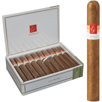 E.P Carrillo Cigars EP Carrillo Cigars El Decano 20 Ct. Box, featuring a close-up of a single, premium cigar with a red and gold band, and the opened box displaying 20 neatly arranged cigars.