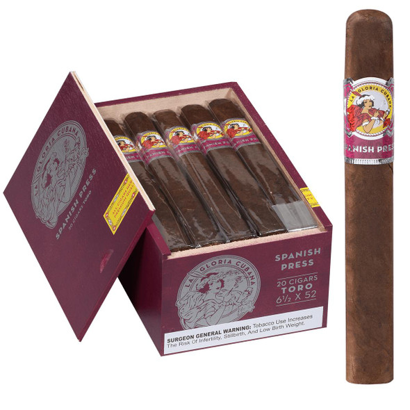 La Gloria Cubana Cigars Spanish Press Toro 20 Ct. Box 6.50x52, featuring a close-up of a single cigar with its pink and white band, and an open box displaying five cigars inside.