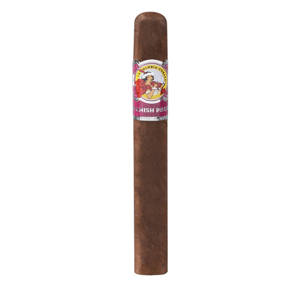 La Gloria Cubana Cigars Spanish Press Toro 20 Ct. Box 6.50x52, featuring a single cigar with a pink and yellow band, against a plain background.