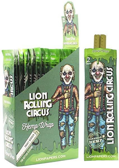 Lion Rolling Circus Hemp Wraps Natural 25/2, packaging featuring a clown mascot and green design, displayed in a retail box with individual wraps showcased.