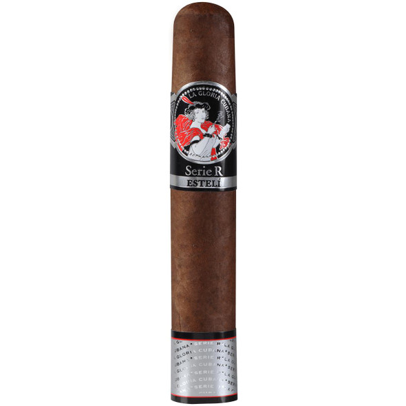 La Gloria Cubana Cigars Serie R Esteli No. Sixty 18 Ct. Box 6.00X60, a single cigar with a brown wrapper and a detailed black, silver, red, and white band featuring a woman holding a swan.