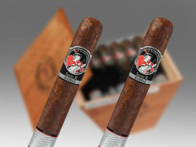 La Gloria Cubana Cigars Serie R Esteli No. Sixty-Four 18 Ct. Box 6.25X64, image of two cigars with branded bands in front of an opened box of cigars.