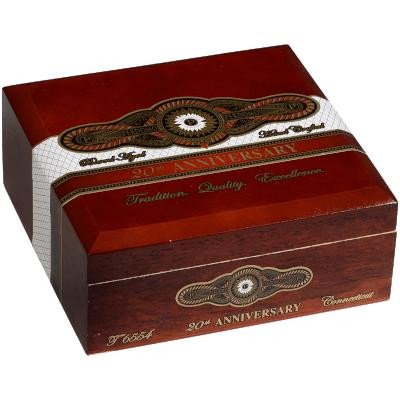 Perdomo 20th Anniversary Connecticut Cigars Torpedo 24 Ct. Box, showcasing a rectangular wooden cigar box with festive commemorative design, featuring elegant text and decorative elements celebrating the 20th anniversary.
