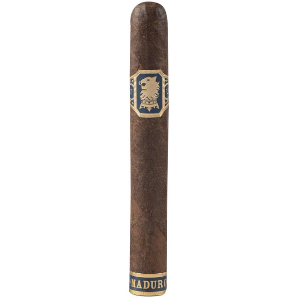 Undercrown Cigars Maduro Gran Toro Tubos 25 Ct. Display, close-up image of a single Maduro Gran Toro cigar with a dark brown, textured wrapper and a decorative band featuring a silver lion emblem and the word 'Maduro'.