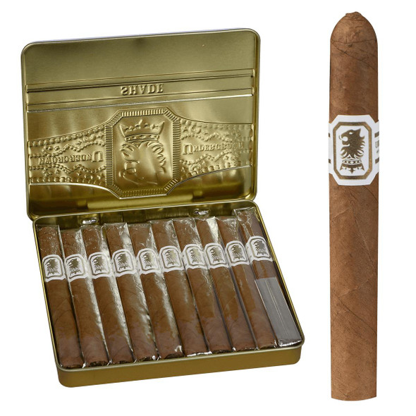 Undercrown Cigars Connecticut Shade Coronets 5/10 Tins 4.00X32, image of a gold tin box open to reveal multiple cigars wrapped in plastic, with a single cigar displayed outside the tin, featuring a white and black band with a lion logo.