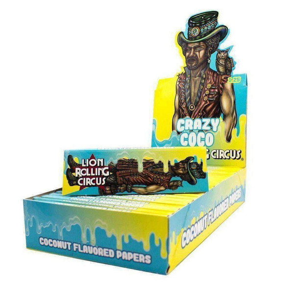 Lion Rolling Circus 1 1/4" Crazy Coco Rolling Papers, product display with colorful packaging featuring a stylized illustration of a man with a cat on his shoulder.