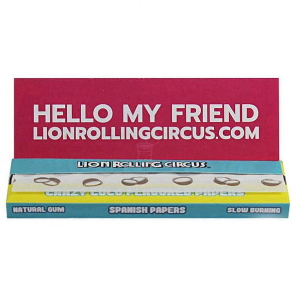 Lion Rolling Circus 1 1/4" Crazy Coco Rolling Papers, colorful packaging with product branding and website, featuring Spanish papers and natural gum for slow burning.