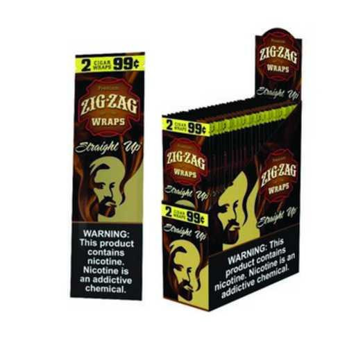 Zig Zag Wraps Straight Up, retail display box with multiple packs and individual pack showing a woman's face silhouette and warning label about nicotine content.