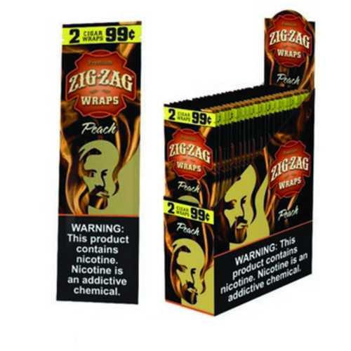 Zig Zag Wraps Peach, a display of cigarette wraps in a black and orange box with a stylized image of a bearded man's face, advertised at 2 for 99 cents.
