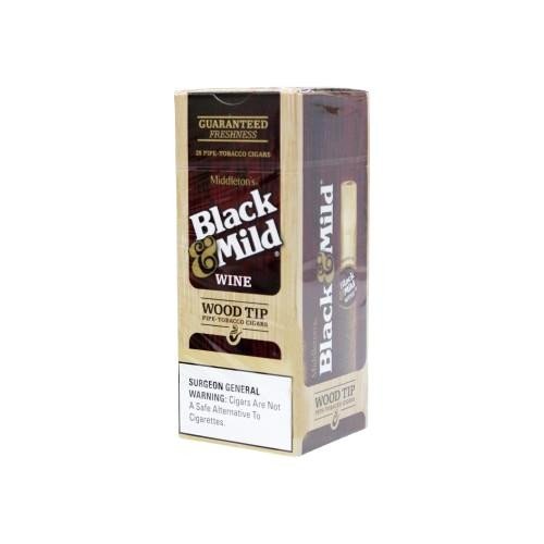 John Middleton Black & Mild Wood Tip Wine Cigars Box, a cardboard package featuring the Black & Mild logo and descriptions of the wood tip and wine flavor.
