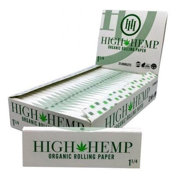 High Hemp Organic Rolling Paper, a box of 1 1/4 size rolling papers with multiple sheets inside, designed for rolling organic cigarettes or herbal blends.