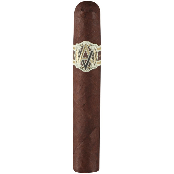 AVO Cigars Heritage Robusto 20 Ct. Box, close-up of a single dark brown cigar with gold and white label wrapped around it.