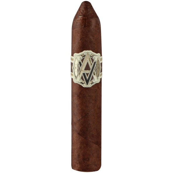AVO Cigars Heritage Short Torpedo 20 Ct. Box 4.50X52, close-up of a single cigar with a decorative band featuring the AVO logo.