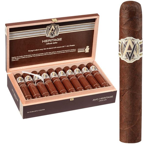 AVO Cigars Heritage Robusto Tubos 20 Ct. Box, a wooden cigar box with ten cigars inside and one cigar outside, featuring a dark brown wrapper and a gold and white logo band.