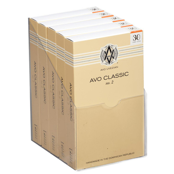 AVO Cigars Classic No. 2 Robusto 4 Ct. Box, image of a beige cardboard box with five packs of cigars inside, featuring the AVO logo and product details.
