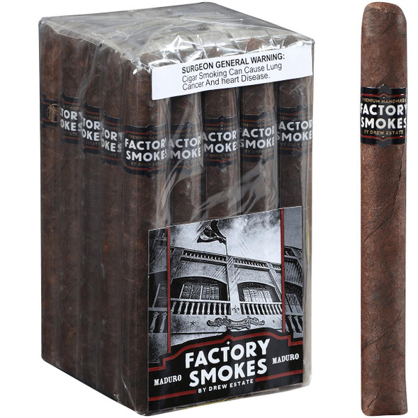 Factory Smokes Cigars Maduro Churchill 25 Ct. Bundle, medium brown Maduro cigars with a textured wrapper, displayed in a clear plastic box with a black and red label.