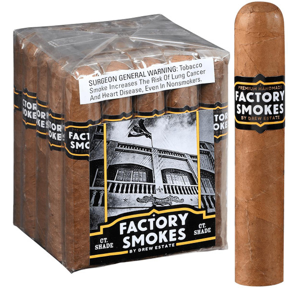Factory Smokes Cigars Shade Robusto 25 Ct. Bundle 5.00x54, packaged in a clear plastic wrap with a black and orange label, and one cigar with a similar label standing beside the bundle.