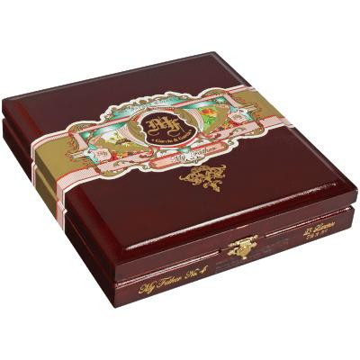My Father Cigars No. 4 Lanceros 23 Ct. Box, closed elegant cigar box with detailed label and gold emblem.