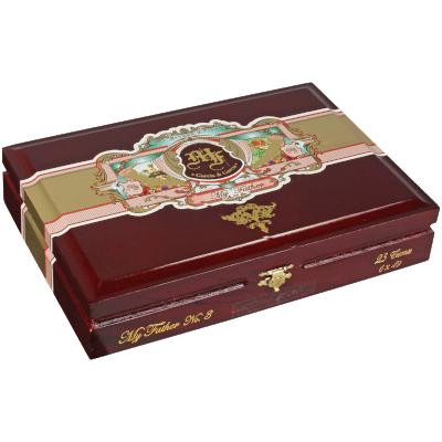 My Father Cigars No. 3 Cremas 23 Ct. Box, a rectangular box with an elegant, ornate label and a rich, dark color, designed for storing premium cigars.