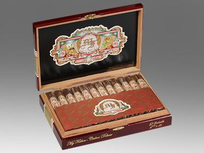 My Father Cigars Cedros Deluxe Eminentes 23 Ct. Box, open wooden cigar box filled with 23 cigars neatly arranged in rows.