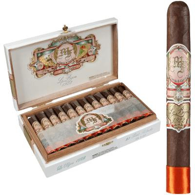 My Father Cigars Le Bijou 1922 Petit Robusto 23 Ct. Box, open cigar box with 23 cigars neatly arranged inside, and a single cigar standing upright beside the box, showcasing the elegant label and packaging.