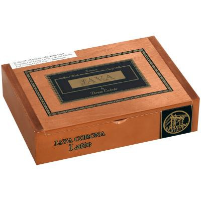 Drew Estate Java Cigars Latte Corona 24 Ct. Box, a rectangular cardboard cigar box with a brown finish, black and gold branding, and labeled "Java" and "Latte" for flavored coffee-infused cigars.
