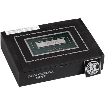 Drew Estate Java Cigars Mint Corona 24 Ct. Box, black packaging with a clear window displaying the cigars, featuring white and green accents and branding.
