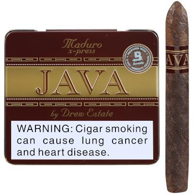 Drew Estate Java By Drew State Cigars Maduro X-Press 5/10 Tins, packaging with a cigar beside the tin, featuring the Java coffee-themed branding and a health warning label.