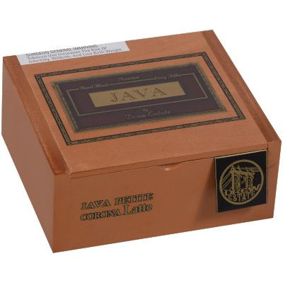 Drew Estate Java By Drew Estate Cigars Latte Petit Corona 40 Ct. Box, packaging of cigars featuring a brown box with black and gold accents and the Java logo on the label.