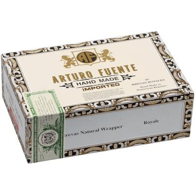 Arturo Fuente Cigars Brevas Royale Natural 50 Ct. Box, a decorative cigar box with gold and white branding and intricate design, showcasing premium handcrafted cigars.