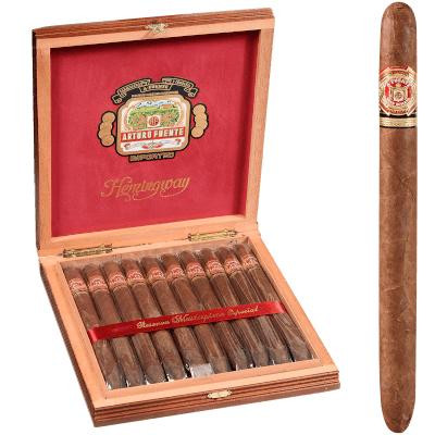Arturo Fuente Cigars Hemingway Masterpiece Natural 10 Ct. Box, opened wooden cigar box showing illuminated cigars with red interior lining and a single cigar placed outside.
