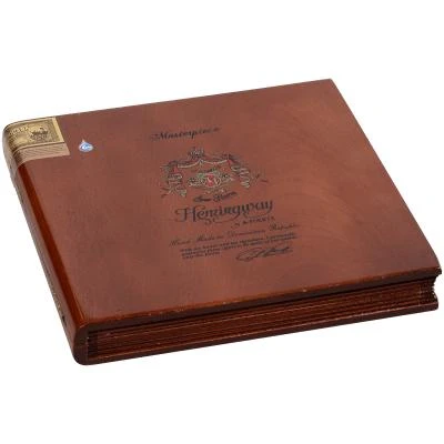 Arturo Fuente Cigars Hemingway Masterpiece Natural 10 Ct. Box, wooden cigar box with engraved logo and artistic design.