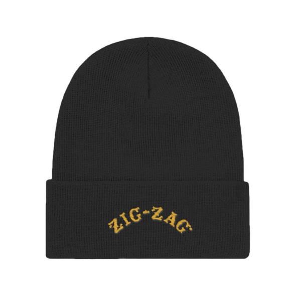 Zig Zag Beanie Cap, black knitted beanie with yellow embroidered 'ZIG-ZAG' logo.