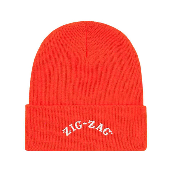 Zig Zag Beanie Cap, bright orange knitted winter hat with white embroidered Zig Zag logo on the fold