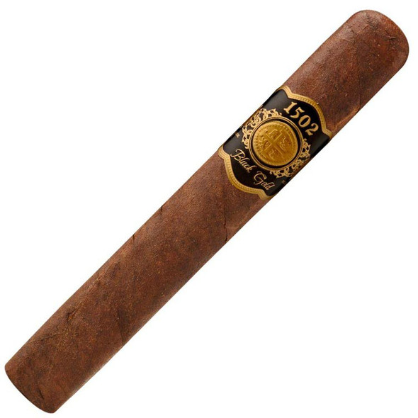 1502 Cigars Black Gold Conquistador 20Ct. Box, a single robust cigar with a dark brown wrapper and a black and gold band featuring the brand's logo and name.