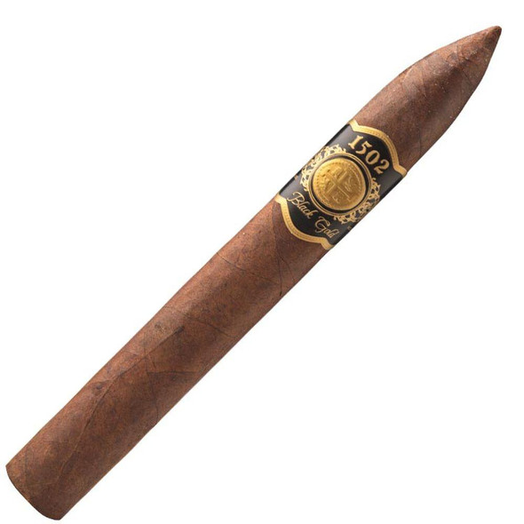 1502 Cigars Black Gold Torpedo Box Pressed 20Ct. Box, a single premium cigar with a dark brown wrapper and black-gold band.