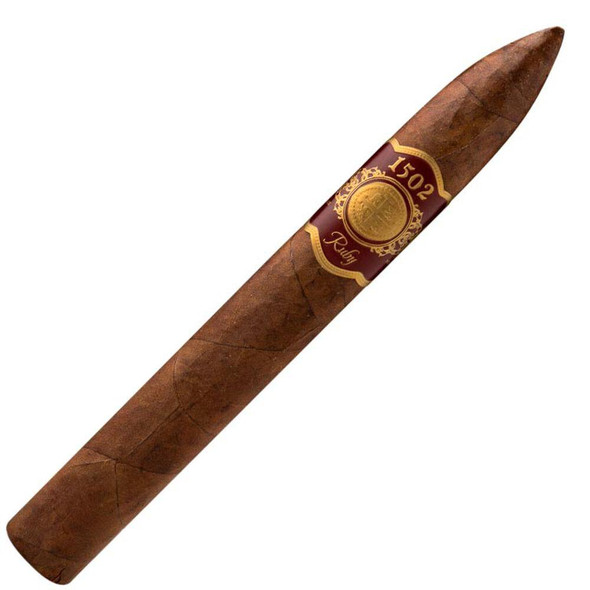 1502 Cigars Ruby Torpedo Box Pressed 20Ct. Box, a single large, brown, wooden-textured cigar with a maroon and gold band around it.
