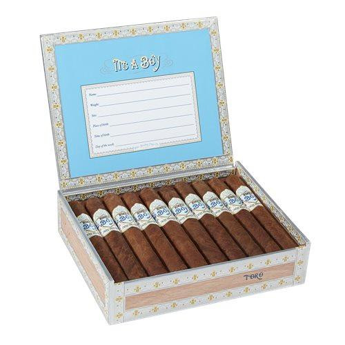 Alec Bradley Cigars It's A Boy (Toro) 20 Ct. Box, open box showing 20 cigars arranged neatly inside with decorative blue interior and labeled bands.