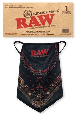 RAW Riders Mask, black face mask with red RAW logo and decorative paisley patterns in red and gold.