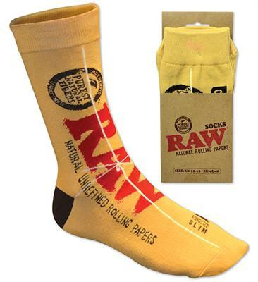 RAW Socks Yellow, a close-up view of a bright yellow sock with black and red graphic design and text, showing the product's branding and style.