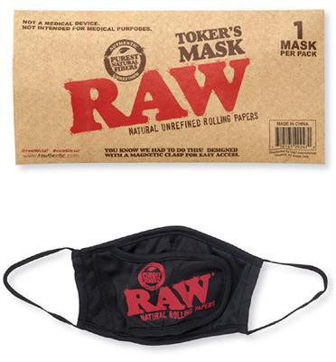 RAW Tokers Mask, black face mask with red RAW logo and text for smoking accessories.