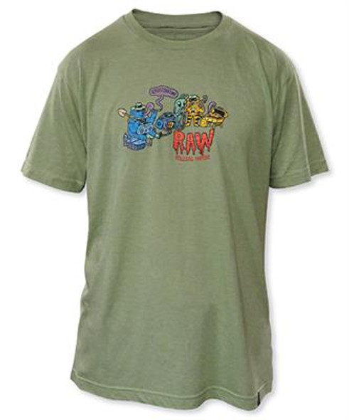 Green mens t-shirt with RAW graphic by artist Ghostshrimp