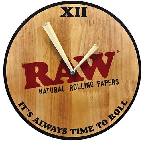 RAW Wooden Wall Clock, round wooden wall clock with black border and red RAW logo in the center.